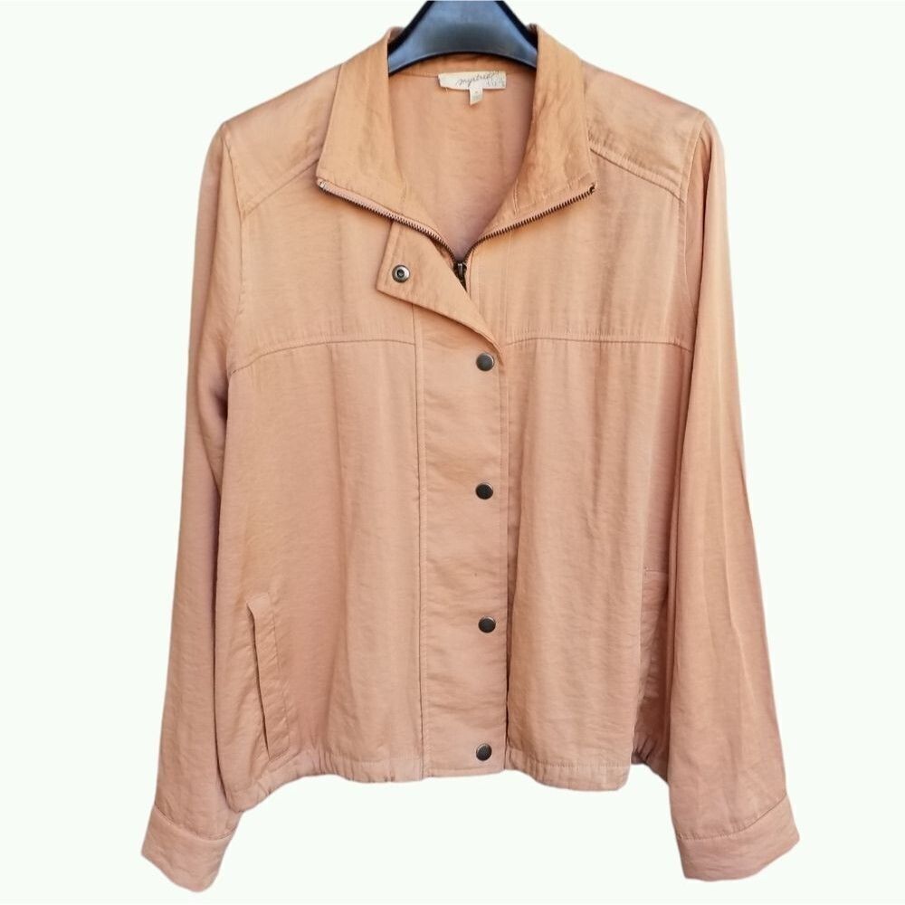 MYSTREE Moto Jacket Shimmering Peach Satin Lightweight Pockets Snaps Zip Size M